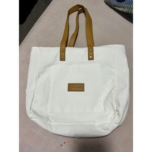 Cozy Earth White Canvas Tote Bag Tan Leather Straps Zipper Closure Minimalist